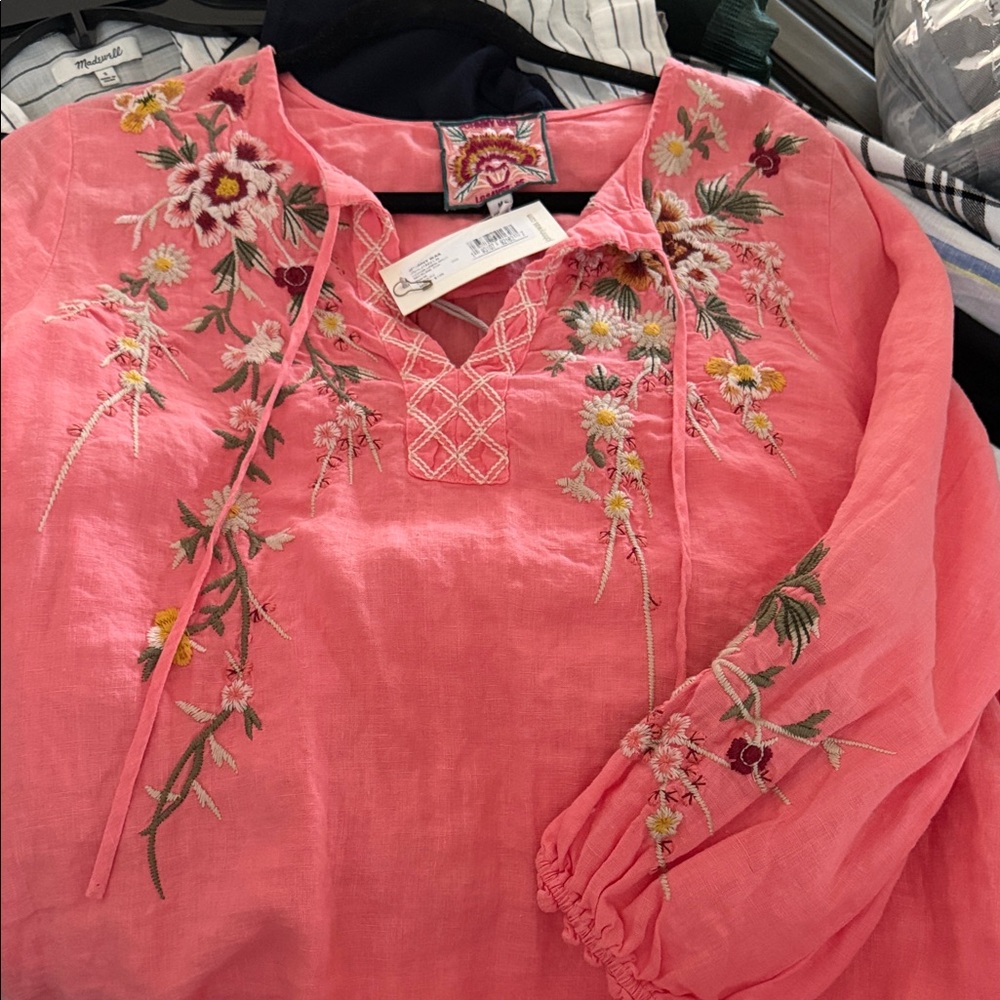 Johnny Was Coral Embroidered Floral V-Neck Tunic